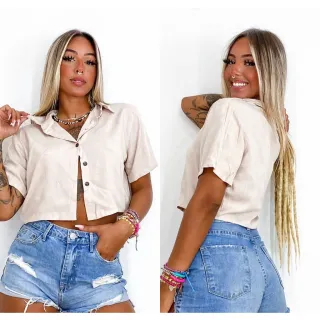 Cropped Feminino Blusa Social Botões Duna Verão 2023 - Preto