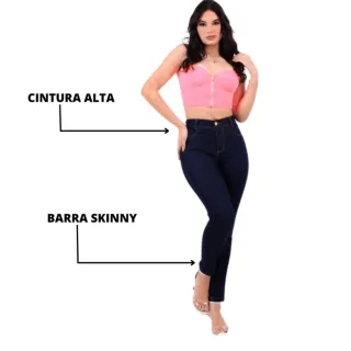 Calças Feminina Jeans Skinny Azul Escuro Cintura Alta Básica - 38