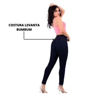Calças Feminina Jeans Skinny Azul Escuro Cintura Alta Básica - 38