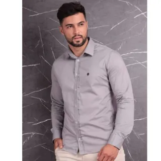 Trabalhado Algodão Manga Longa Social - cinza chumbo