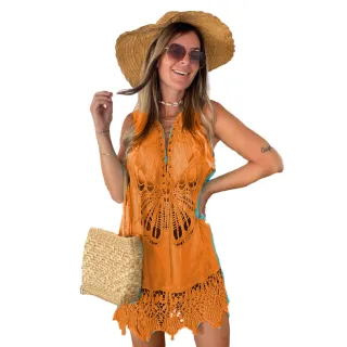 Blus Indiana Túnica Detalhes Bordado Saída de Praia Feminina - Bege