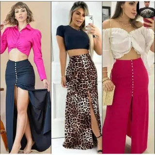 Saia Midi Lisa com Fenda na Frente e Botão - Compre Online na Raryel - Saia C fenda Preta