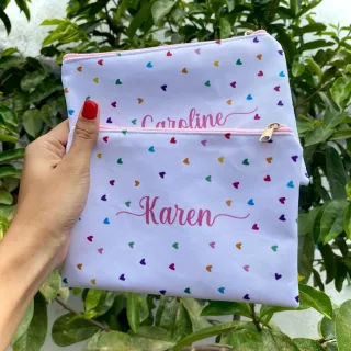 Necessaire Personalizada Estampa Corações - Presente Casamento, Aniversário - G (14x28cm)