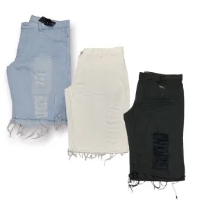 Promoção Bermuda Masculina Jeans Barato Preto Branco Desfiado - Branco