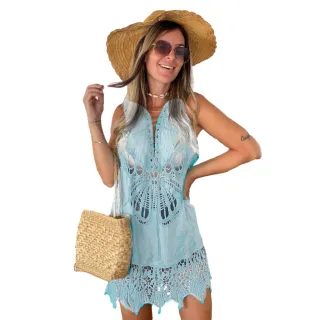 Blus Indiana Túnica Detalhes Bordado Saída de Praia Feminina - Bege