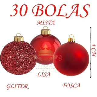 Promoção - Kit 30 Bolas De Natal N4 Mista Vermelha Lisa Fosca Glitter Enfeite De Arvore - Único