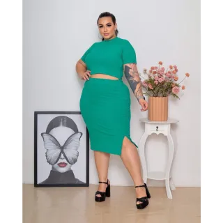 Tendência Verão: Conjunto Cropeed e Saia Midi em Malha de Algodão Canelada Plus Size - Amarelo