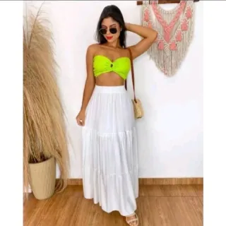 Saia Branca Longa Três Maria Cintura Alta com Forro