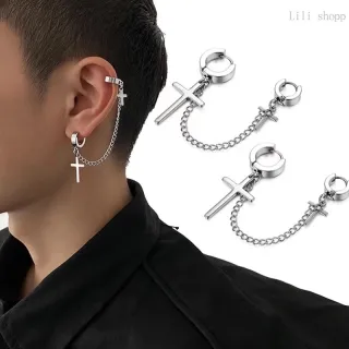 Argola com Cruz e Corrente em Aço Inox - Modelo Variado