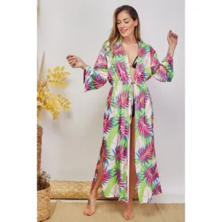 Moda 2022: Saída de Praia Estampada Manga Longa Olho Grego/Tropical - olho azul