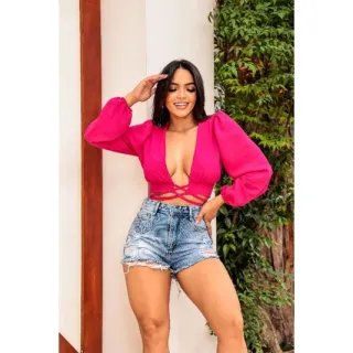 Blusa manga longa cropped de amarre na frente - Raryel - Verde