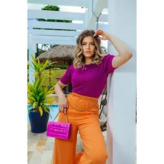 Moda Verão: Blusinha de Tricô Manga Curta Princesa - Raryel - Laranja neon