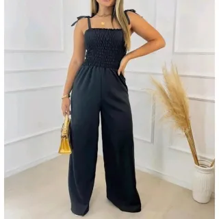 Macacão Social Feminino Lastex Pantalona Tomara Que Caia Longo - Preto