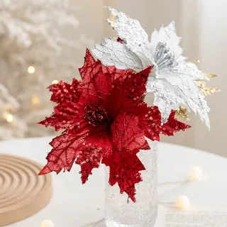 Decorações de Natal Glitter Flores Artificiais Falsas - Enfeites para Árvore Feliz - red gold_14cm