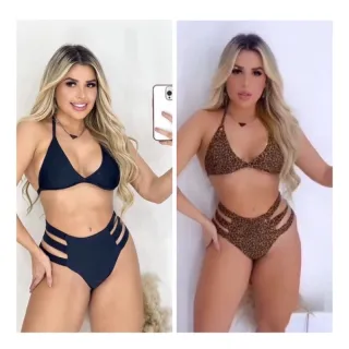 Biquínis Hot Pants: Kit com 2 unidades, Cintura Alta e Detalhe nas Laterais - Preto/branco