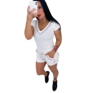 Moda Plus Size: Conjunto Shorts Pedraria Blusa Princesa P Xgg CPV - Branco