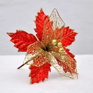 Decorações de Natal Glitter Flores Artificiais Falsas - Enfeites para Árvore Feliz - red gold_14cm