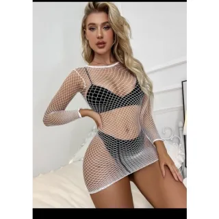 Envio imediato! Vestido de praia branca em rede - Blogueirinha - Único