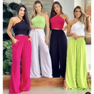 Moda Feminina: Calça Pantalona Duna Cintura Alta com Fendas e Cordão - PANT Duna Verde Premium