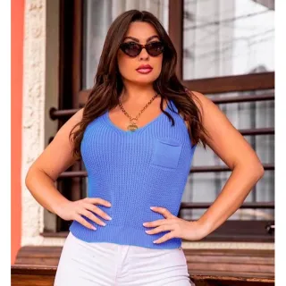 Regatinha Tricot Feminina Basica Com Bolsinho - Raryel - Azul-claro