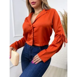 Camisa Feminina Social Liso com Detalhes em Botões na Manga - Material Novo - Branco