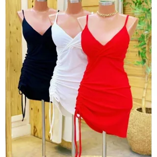 Moda Feminina: Vestido Gringa Drapeado Decotado com Bojo Alcinha Fina - Pink