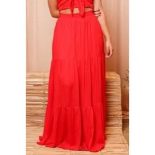Saia Branca Longa Três Maria Cintura Alta com Forro - Vermelha