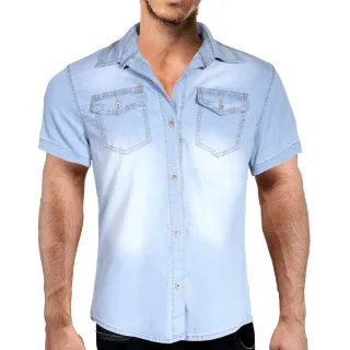Camisa Luxo Slim Fit Masculina Manga Curta Bolso Jeans Lycra