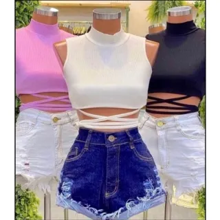 Promoção Blusinha Jade Malha Canelada Cropped Top Gola Alta - Preto