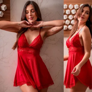 Pijama Curtinha Sensual Lingerie Noiva Renda Microfibra - Vermelho