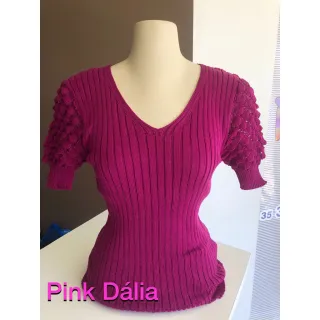 Blusa Manga Curta Feminina Tricô Gola V Trabalhada - Fúcsia