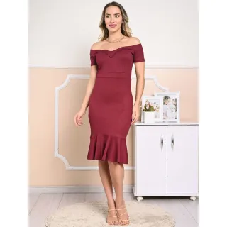 Moda Evangelica: Vestido Mídi com Babado na Barra - Ombro a Ombro - Bordô