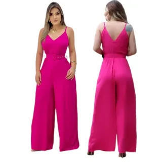 Widepeg Pantalona Feminino - Macacão Sofisticado Elegante com Cinto - Alcinha Azul