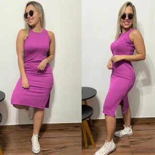 Vestido Feminino Midi Regata Canelado com Fenda Lateral - P ao GG - Vermelho