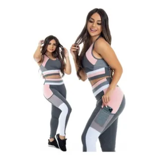 Top e Legging Fitness com Tela e Bolso - Conjunto C79 - Preto neon