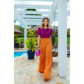 Moda Verão: Blusinha de Tricô Manga Curta Princesa - Raryel - Laranja neon