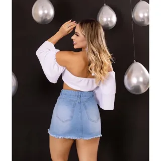 Destroyed Saia Jeans Feminina Cintura Alta - Saia média