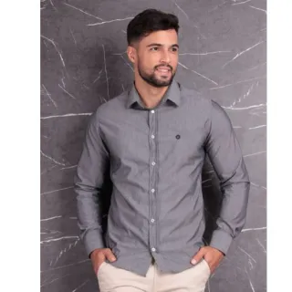 Trabalhado Algodão Manga Longa Social - cinza chumbo