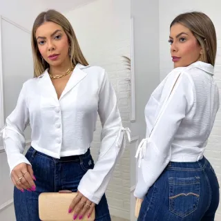 Camisa Feminina Social Liso com Detalhes em Botões na Manga - Material Novo - Branco