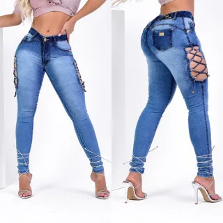 Cós Alto Calça Jeans Feminina Detalhe Transado Abertura Lateral - 38