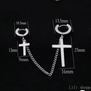 Argola com Cruz e Corrente em Aço Inox - Modelo Variado - 1furo+pressão com Cruz