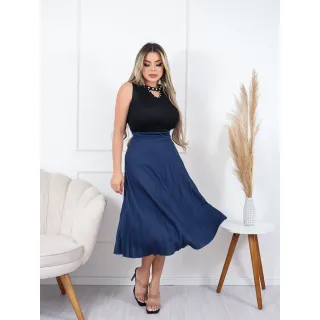 Saia Lisa Plissada Midi para Festas - Preto