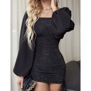 Curto Brilho Lurex Feminino Vestido Tule Colado Manga - Preto