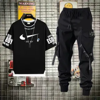 Conjunto Masculino Hip Hop + Calça Cargo Preta - Camiseta preta + calça preta