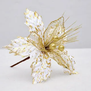 Decorações de Natal Glitter Flores Artificiais Falsas - Enfeites para Árvore Feliz - red gold_14cm