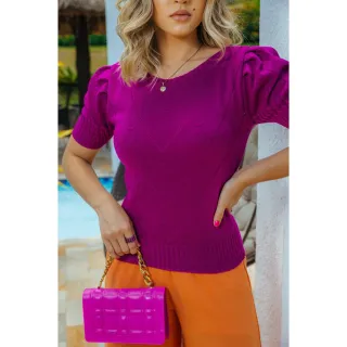 Moda Verão: Blusinha de Tricô Manga Curta Princesa - Raryel - Laranja neon