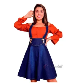 Moda Evangélica Jardineira Jeans Selena Salopete - azul-aço