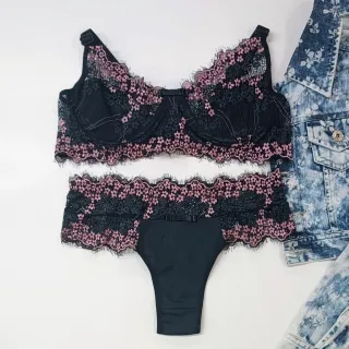 Conjunto Bicolor Plus Size 565 - Lingerie de Renda Tamanho Especial - Lilas/Verde