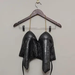 Cropped Frente Única Lurex e Paetê com Corrente Feminino - Rosa Paetê Quadrado Rosa