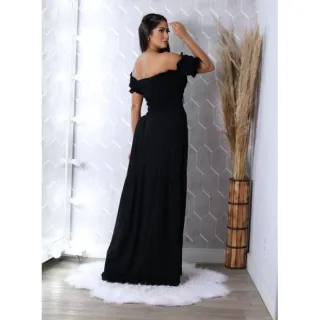 Vestido ciganinha longo estampa onça, manga curta e levinho - Preto